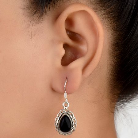 92.5 Sterling Silver Earrings Black Oval Cabochon Engraved Border Drop Earrings