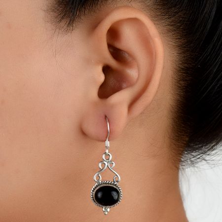 92.5 Sterling Silver Earrings Oval Black Onyx Cabochon Filigree Dangler Earrings
