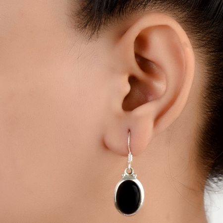92.5 Sterling Silver Earrings Long Oval Black Onyx In Bezel setting For Girls