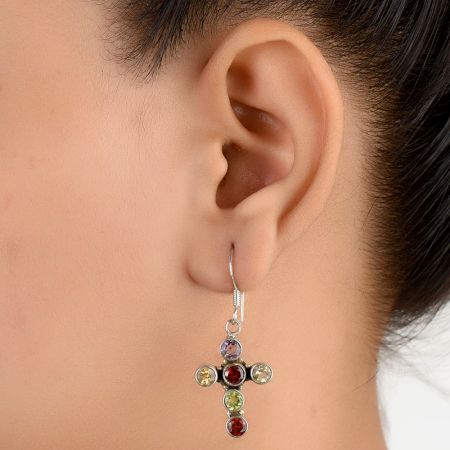 92.5 Sterling Silver Earrings Multi Stone Holy Cross Design Dangler Earrings