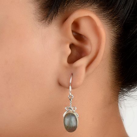 92.5 Sterling Silver Earrings Big Oval Jasper Stone Set In Rope Border Design