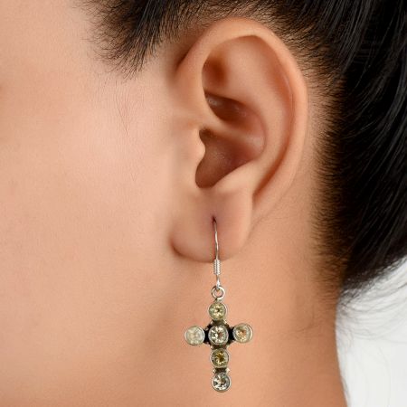 92.5 Sterling Silver Earrings Lapis Lazuli stone Bezel Set With A Cross Design On Top