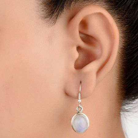 92.5 Sterling Silver Earrings Long Oval Shaped Moonstone Bezel Set Drop Earrings