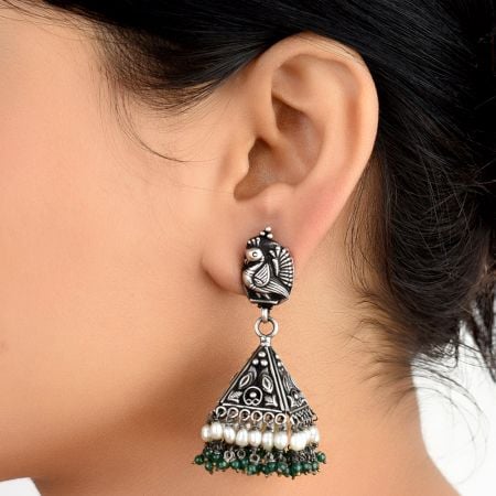 Peacock Engraved 92.5 Sterling silver Earrings Pyramid Shaped Jhumkis With Green Aventurine and Pearl Beads