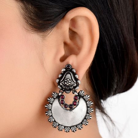 92.5 Sterling Silver Earrings Chandbali Leafy Pattern Amethyst Stone Ring Border Dangler