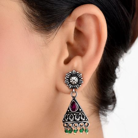 Daily wear 92.5 Floral Stud Amethyst stone Triangle shape Dangle Earrings