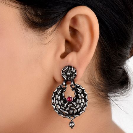 Black 92.5 Sterling Silver Earrings Small Embossed Motifs Fuchsia Chandbali Earrings