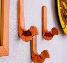 Natural Bird Shape Wooden Adheshive Wall Hook-Pack of 3