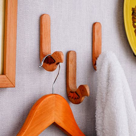 Natural Bird Shape Wooden Adheshive Wall Hook-Pack of 3