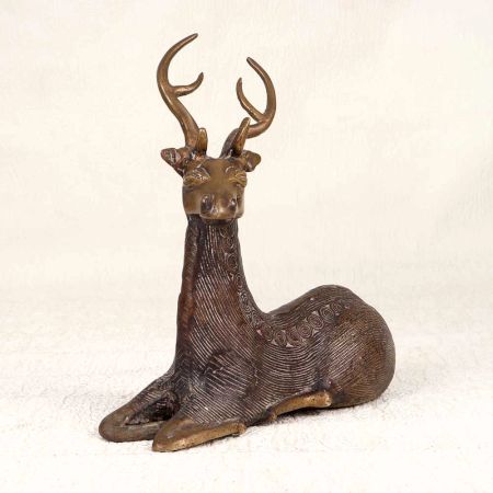Vintage Finest Brass Sitting Deer Statue in Tribal Art from Odisha