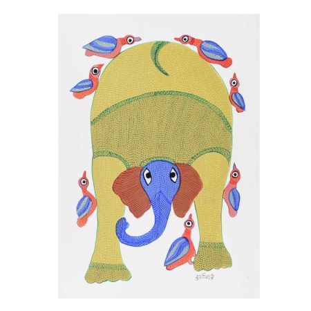 Hand-Painted Beautiful Elephant Gond Art Painting by Durgabai Vyam