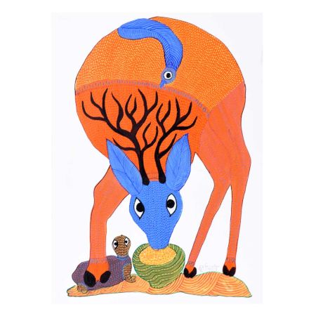 Gond Art Acrylic Paper Painting of Swamp Deer for Decoration