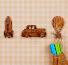 Wooden Adhesive Hot Air Balloon,Car And Rocket Shape Wall Hooks-Pack of 3
