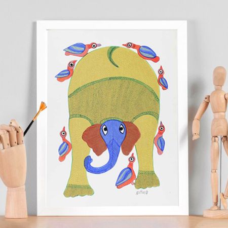Hand-Painted Beautiful Elephant Gond Art Painting by Durgabai Vyam