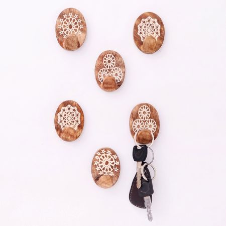 Brown White Wooden No Damage Wall Adhesive Hooks-Pack of 6