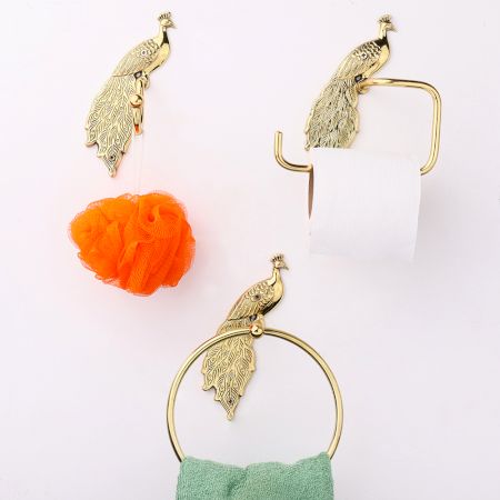 Handmade High Quality Brass Peacock Hanger for Bathroom in Set of 3