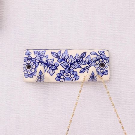 White Blue Floral Pattern Mounted Wall Hook Adhesive+(Screw)