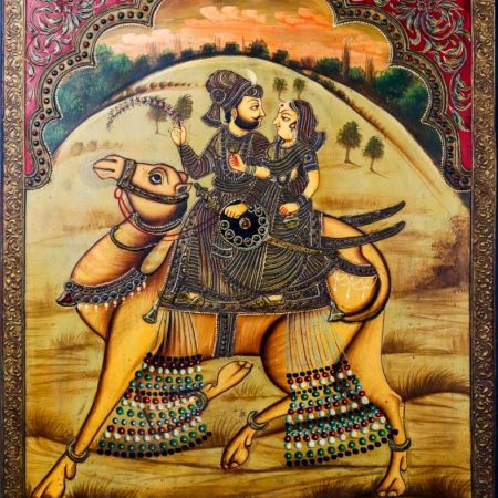 Adorning Camel with Riders Tanjore Art Painting in Antique Finish