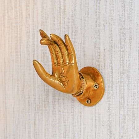 Brass Buddhas Hand With Engraved Lotus Flower Wall Hook