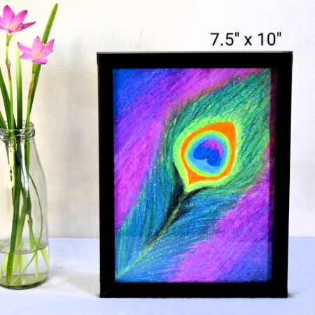 Peacock Feather Abstract Oil Pastel Art on Paper by Artist Dimpana | 7.5 x 10 Inches