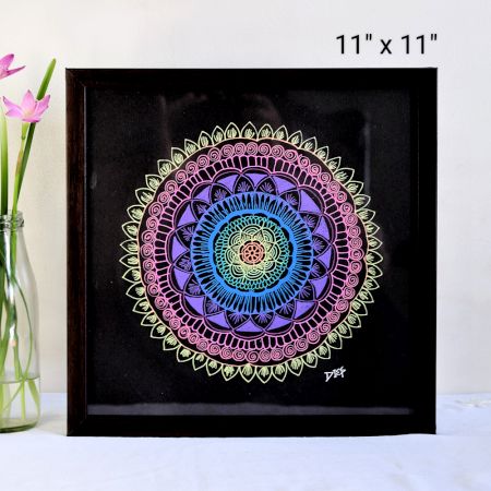 Colorful Mandala Pen Art on Black Paper by Artist Dimpana | 11 x 11 Inches