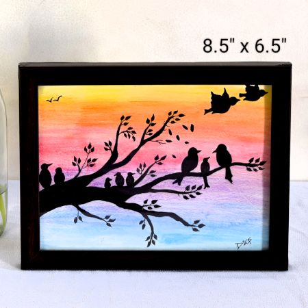 The Birds Family Mixed Media Silhouette Art on Paper by Artist Dimpana |8.5 x 6.5Inches