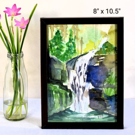 The Waterfall Watercolor Landscape Painting on Paper by Artist Dimpana |8 x 10.5Inches