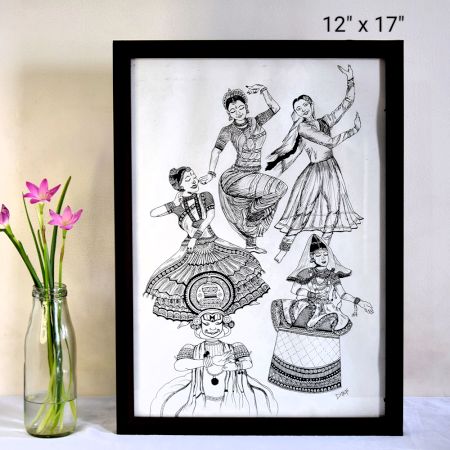 INDIAN DANCE FORMS Pen Illustration Art on Paper by Artist Dimpana | 12 x 17 Inches