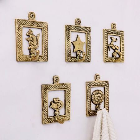 Golden Brass Framed Design Single Wall Hooks- Pack of 5