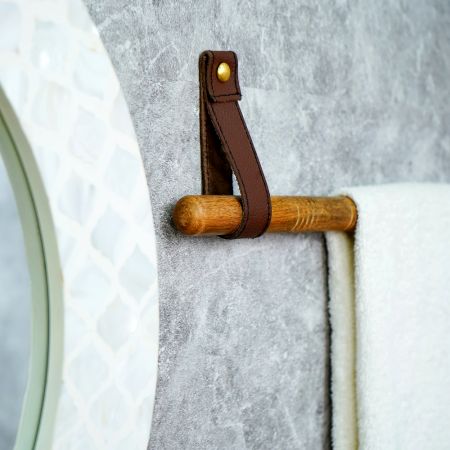 Rustic Wooden Towel Holder with Leather Strap Mount