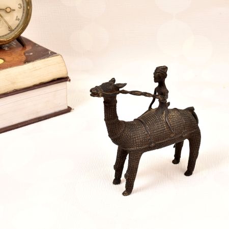 Handcrafted Vintage Brass Statue of Camel with Rider in Tribal Art