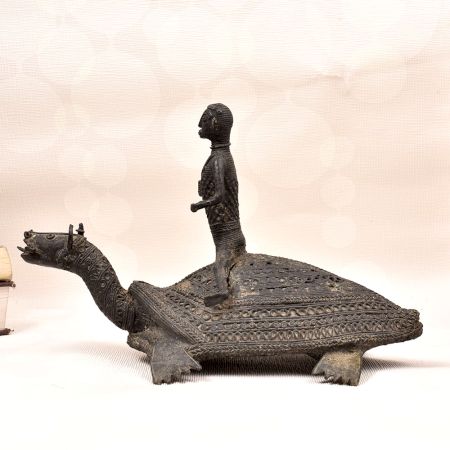 Handcrafted Vintage Folk Brass Turtle Statue with Rider for Decor