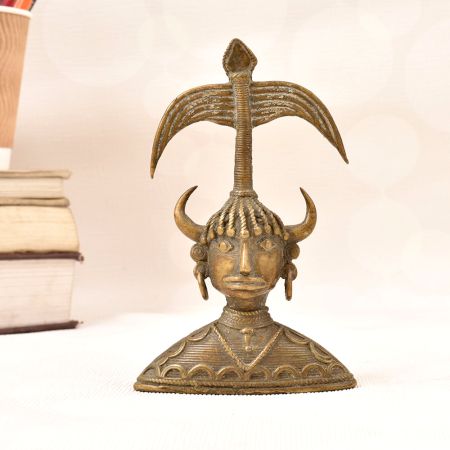 Traditional Folk Brass Female Bust Statue with Horns in Tribal Art