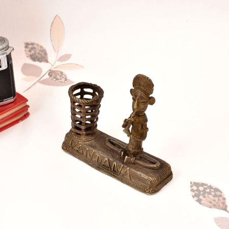 Vintage Brass Tribal Man Playing Instrument Statue in Bastar Art