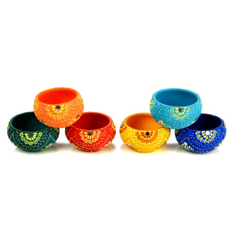 Washable Terracotta Round Diya T-Light Holder Set of 6