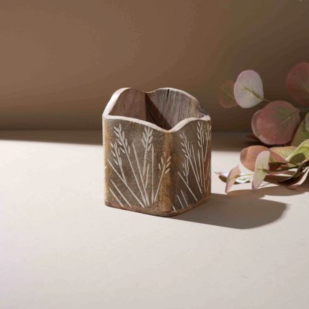 Rustic Leaf-Engraved Wooden Spoon Holder