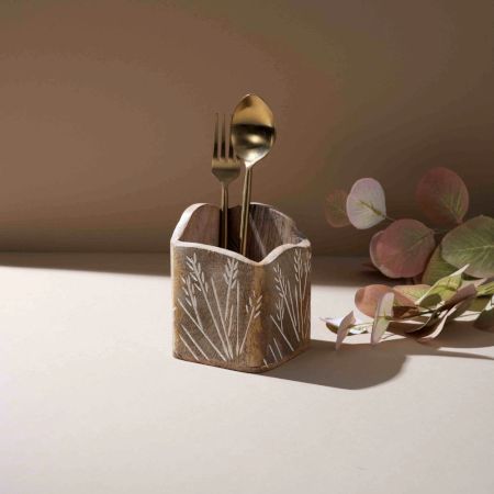 Rustic Leaf-Engraved Wooden Spoon Holder