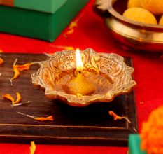 Hindu Brass Oil Lamp Diya Engraved Floral Swastika Diwali Decoration