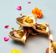 Modern Antique Golden Brass 3 Leaf Shaped Oil Lamp For Diwali Pooja