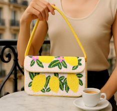 Handmade Beaded Shoulder Bag Lemon Fruit Design Summer Tote Purse for Women
