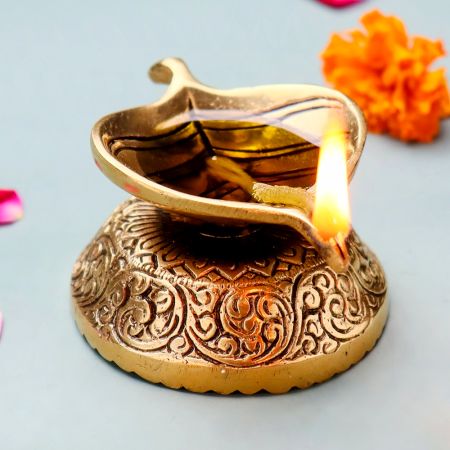 Brass Pepal Leaf Oil Lamp Diya On Decorative Base