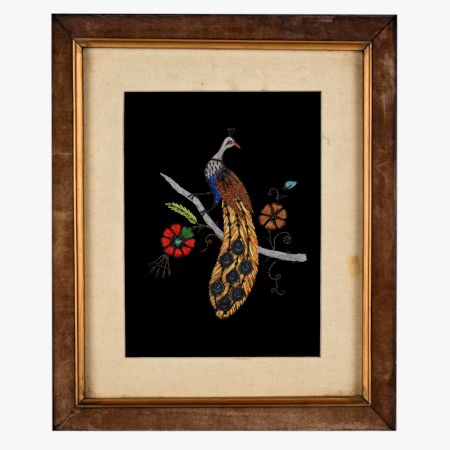 Embroidery Work on Cloth of Peacock with Wooden Frame
