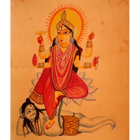Vintage Art Kalighat Paper Painting of Hindu Goddess for Decor