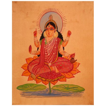 Goddess Lakshmi Sitting on Lotus Flower Kalighat Paper Painting