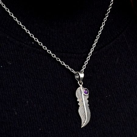 Amethyst Stone Feather 92.5 Sterling Silver Pendant