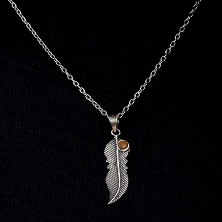 Brown Stone 92.5 Sterling Silver Feather Pendant