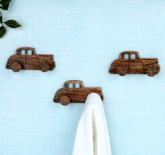 Natural Wooden Adhesive Car Design Wall Hooks-3 Pieces