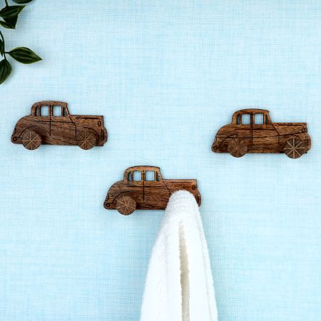 Natural Wooden Adhesive Car Design Wall Hooks-3 Pieces
