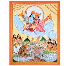 Traditional Cloth Paper Kalighat Painting of Vishnu & Lakshmi on Garuda