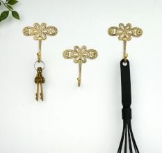 3 Pieces Single Brass Flower Wall Mounted Hook In Antique Finish